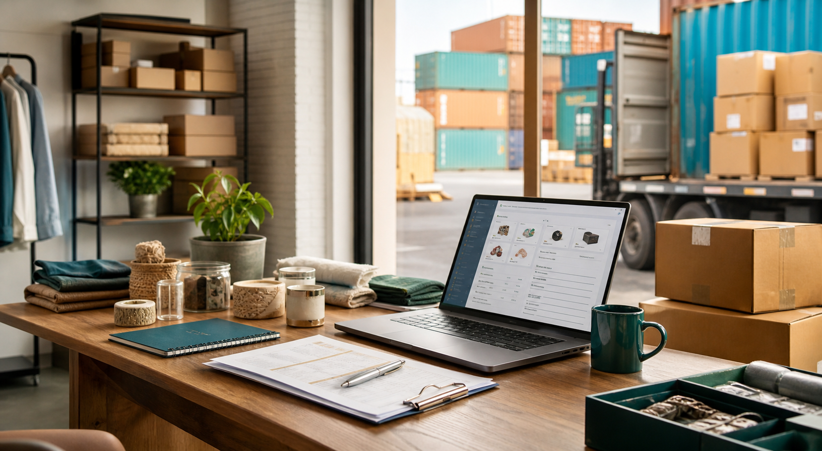 Export sourcing desk with packed goods, documents and container loading